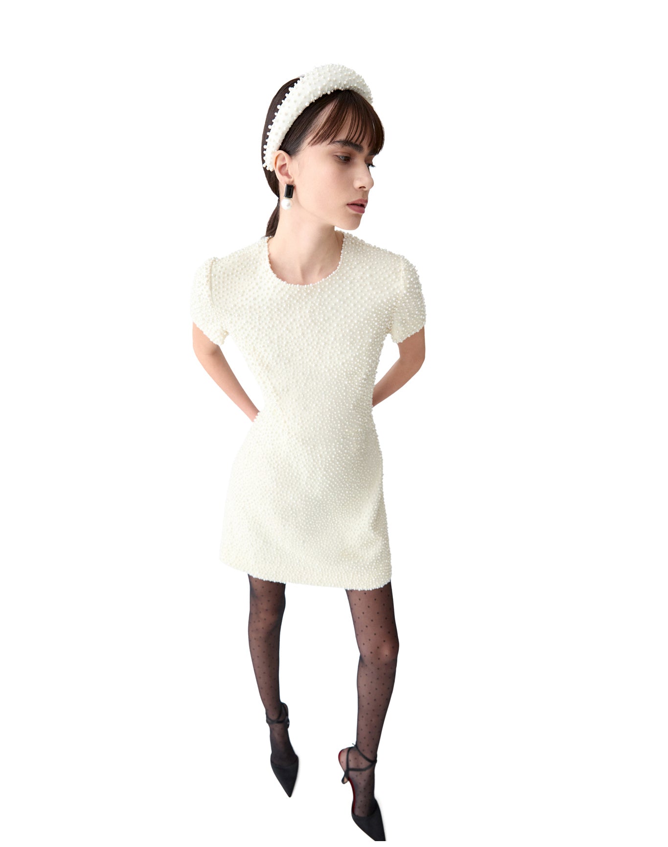 Embroidered Short Sleeve Crewneck Mini Dress | Ivory