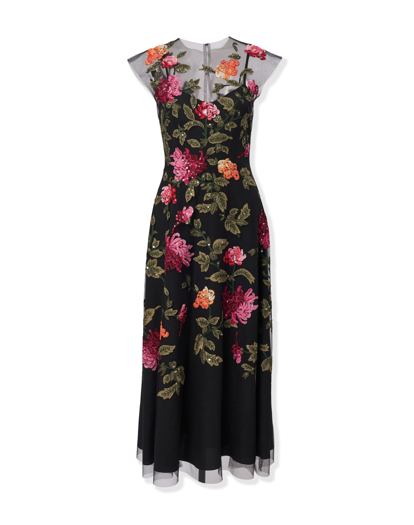 Embroidered Cap Sleeve Crewneck Midi Dress | Black Multi