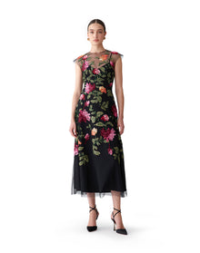 Embroidered Cap Sleeve Crewneck Midi Dress | Black Multi