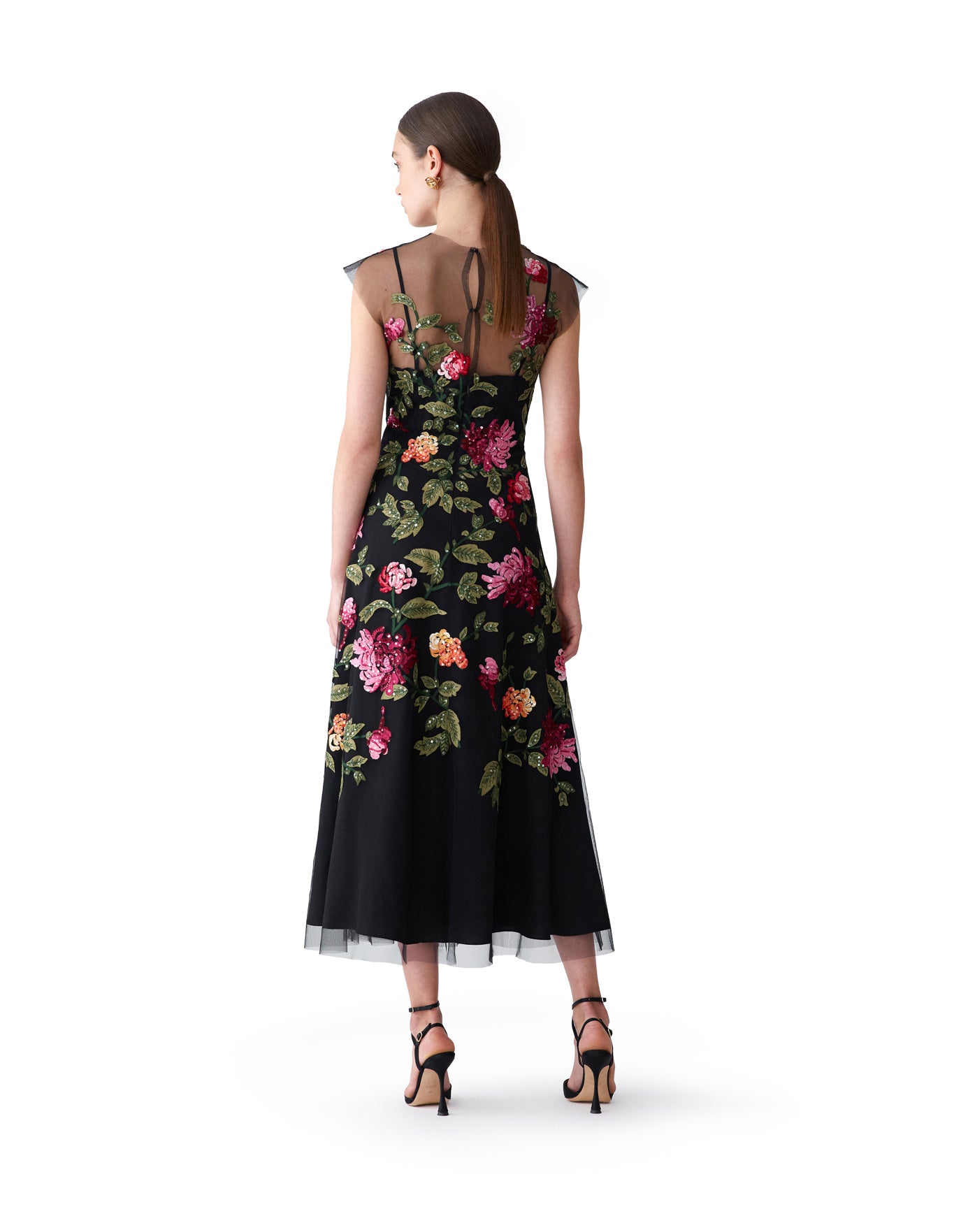 Embroidered Cap Sleeve Crewneck Midi Dress | Black Multi