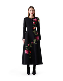 Embroidered Collarless A-Line Coat | Black Multi