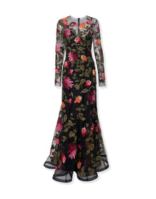 Embroidered Long Sleeve Crewneck Gown | Black Multi