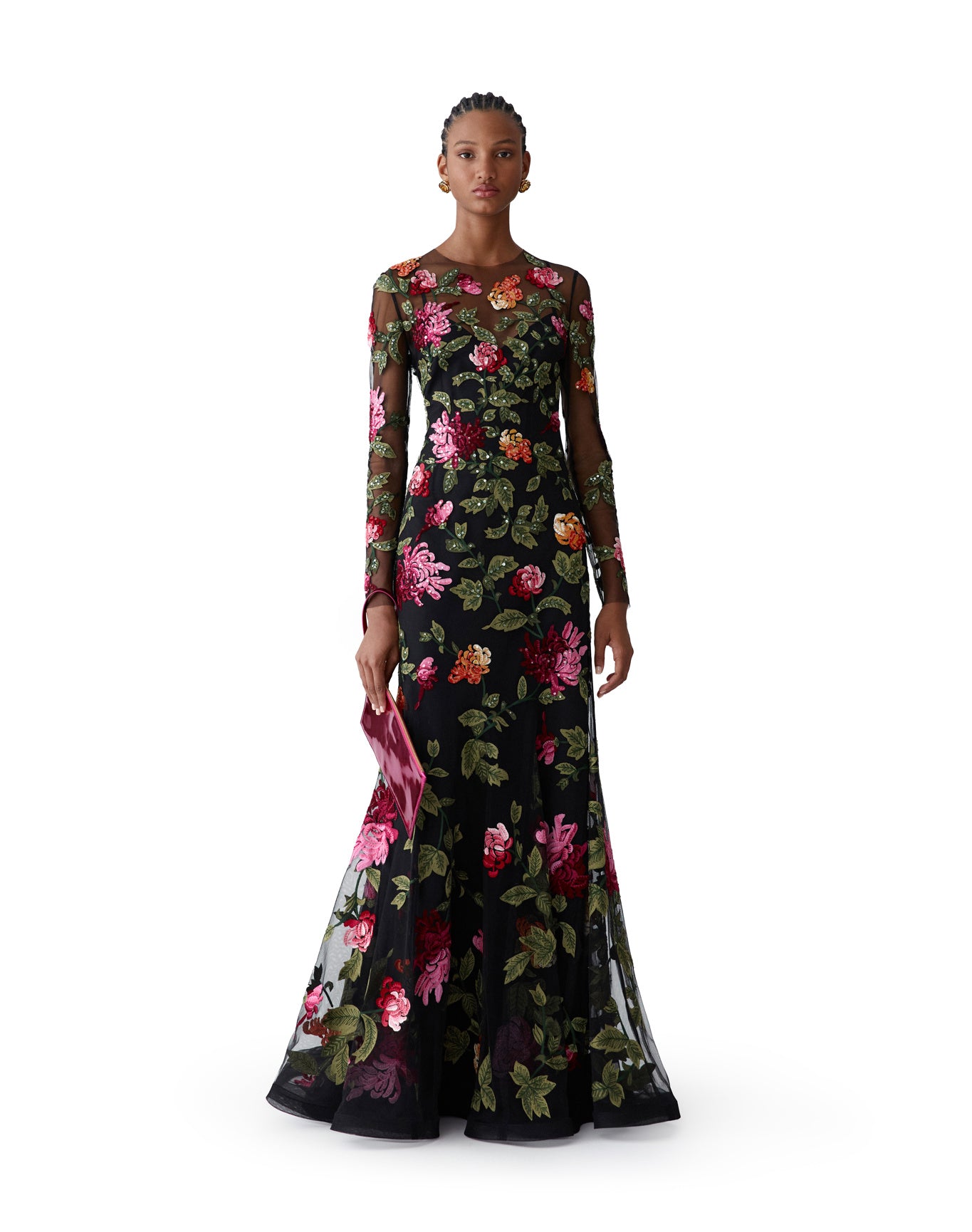 Embroidered Long Sleeve Crewneck Gown | Black Multi