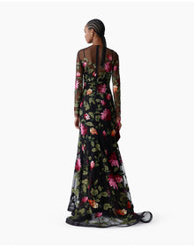 Embroidered Long Sleeve Crewneck Gown | Black Multi