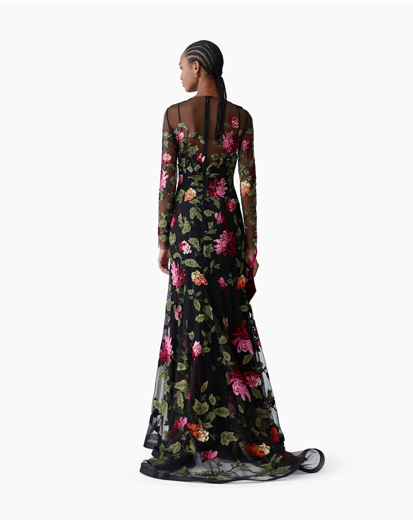 Embroidered Long Sleeve Crewneck Gown | Black Multi