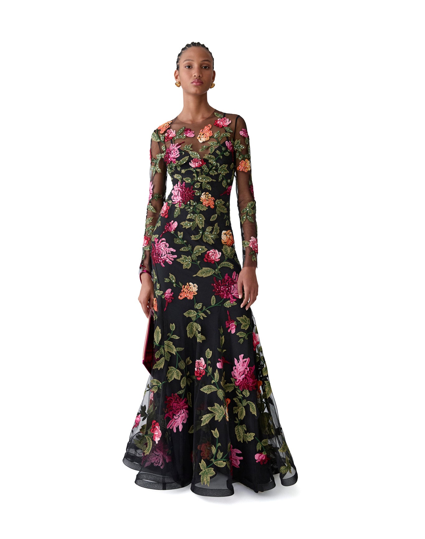 Embroidered Long Sleeve Crewneck Gown | Black Multi