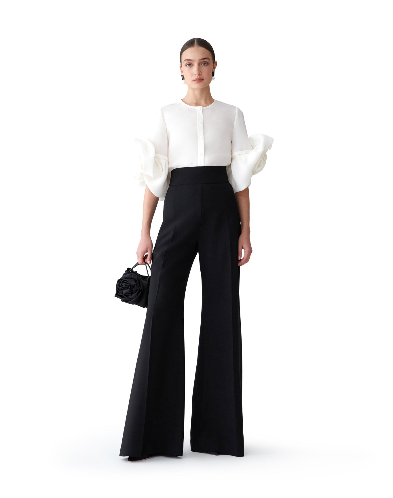 3/4 Flower Sleeve Button Down Top | White