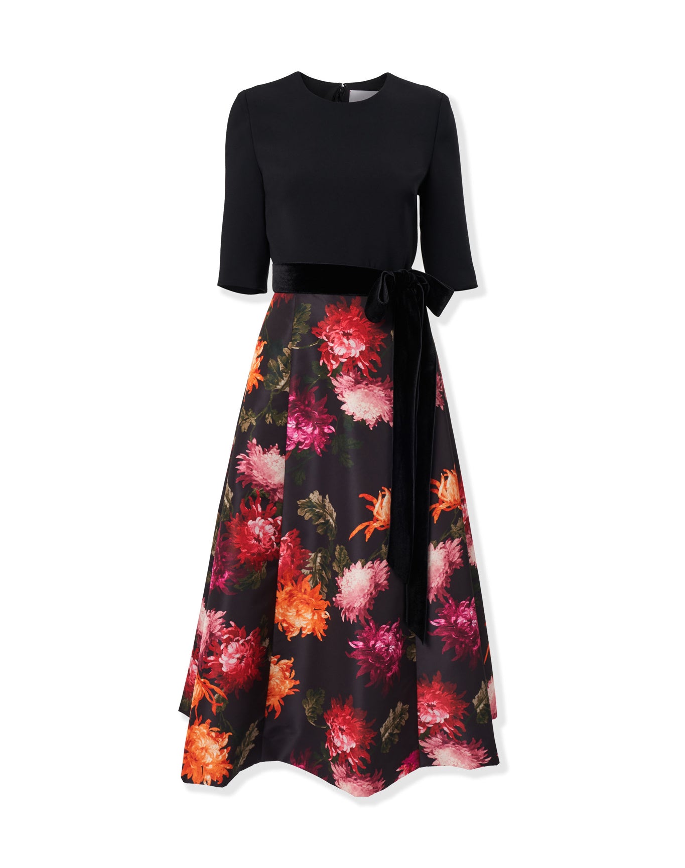 Elbow Sleeve Crewneck Midi Dress | Black Multi
