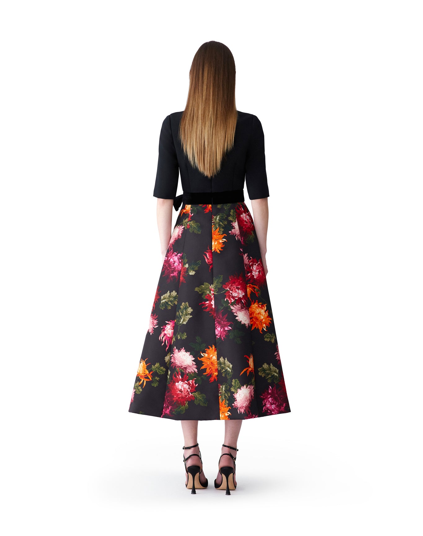 Elbow Sleeve Crewneck Midi Dress | Black Multi