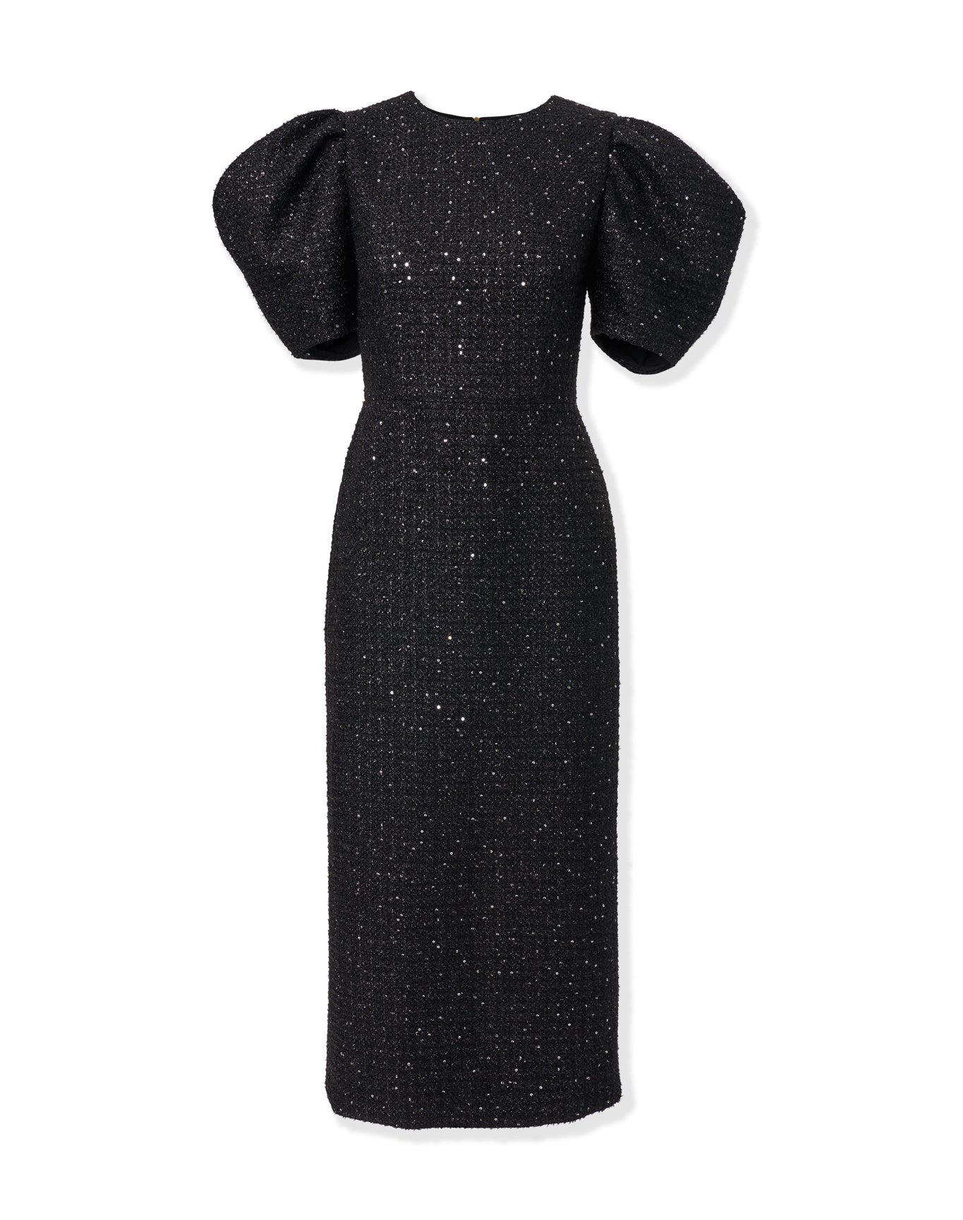 Puff Sleeve Crewneck Midi Dress | Black