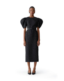 Puff Sleeve Crewneck Midi Dress | Black