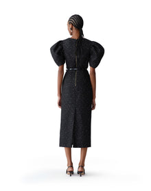 Puff Sleeve Crewneck Midi Dress | Black