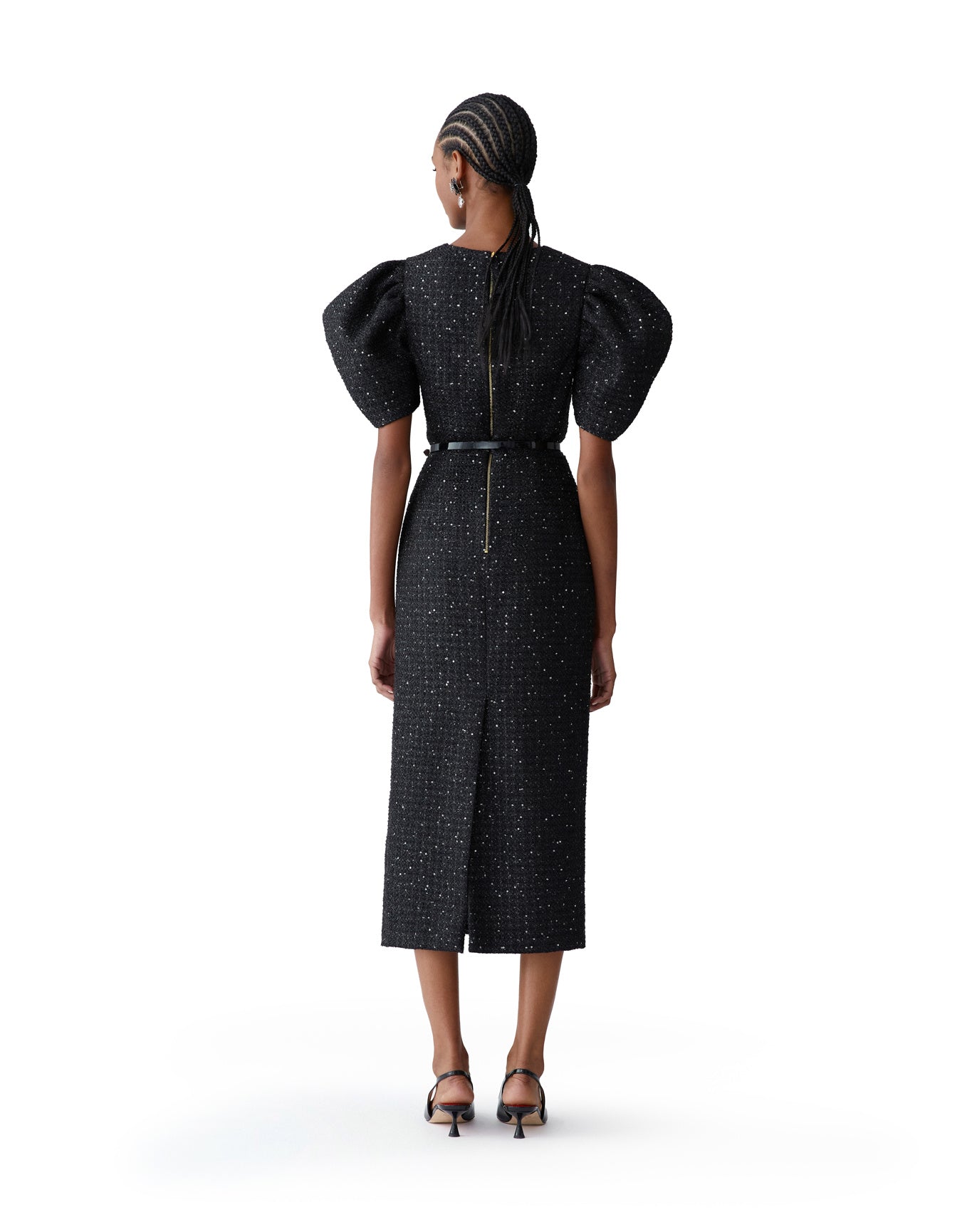 Puff Sleeve Crewneck Midi Dress | Black