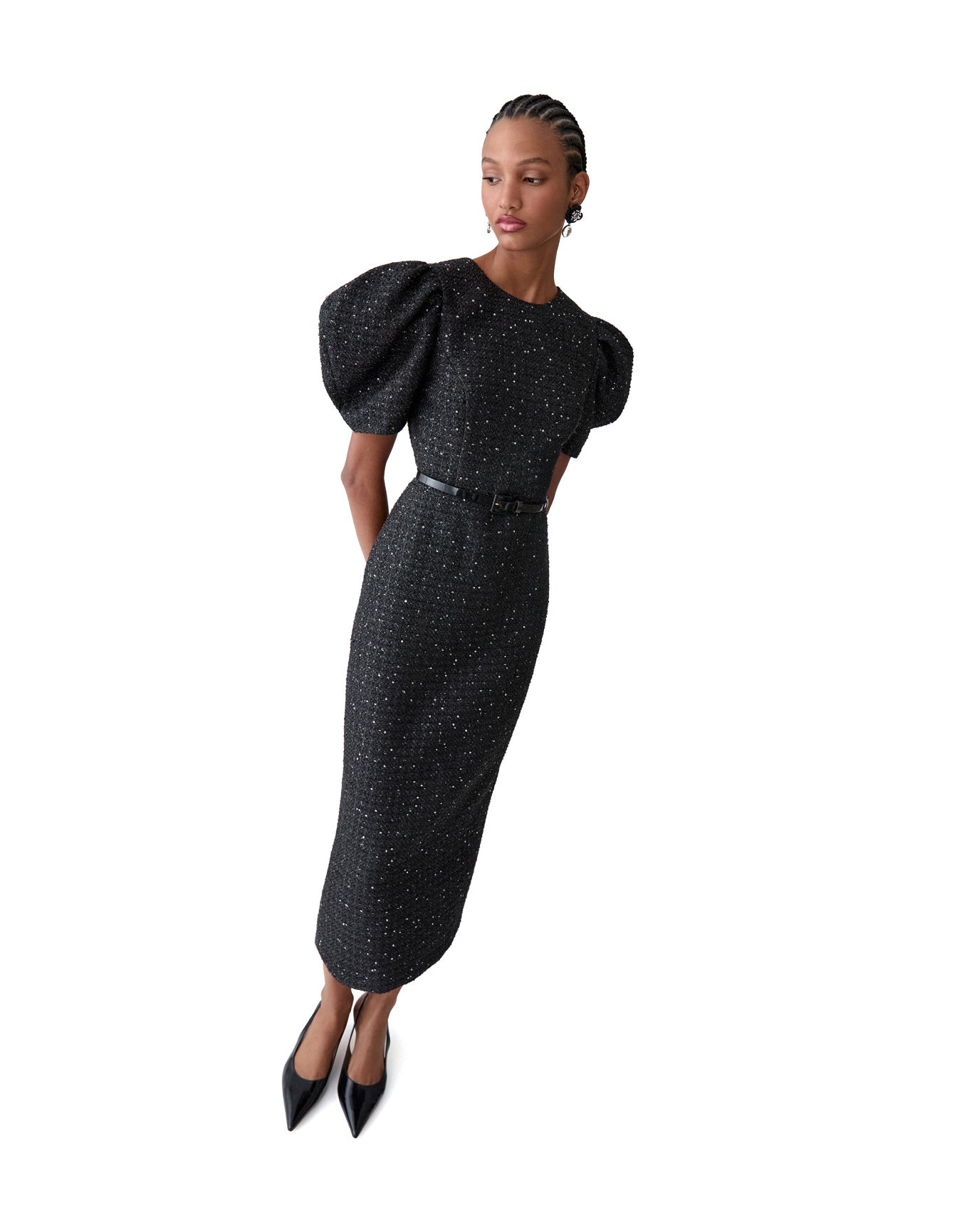 Puff Sleeve Crewneck Midi Dress | Black