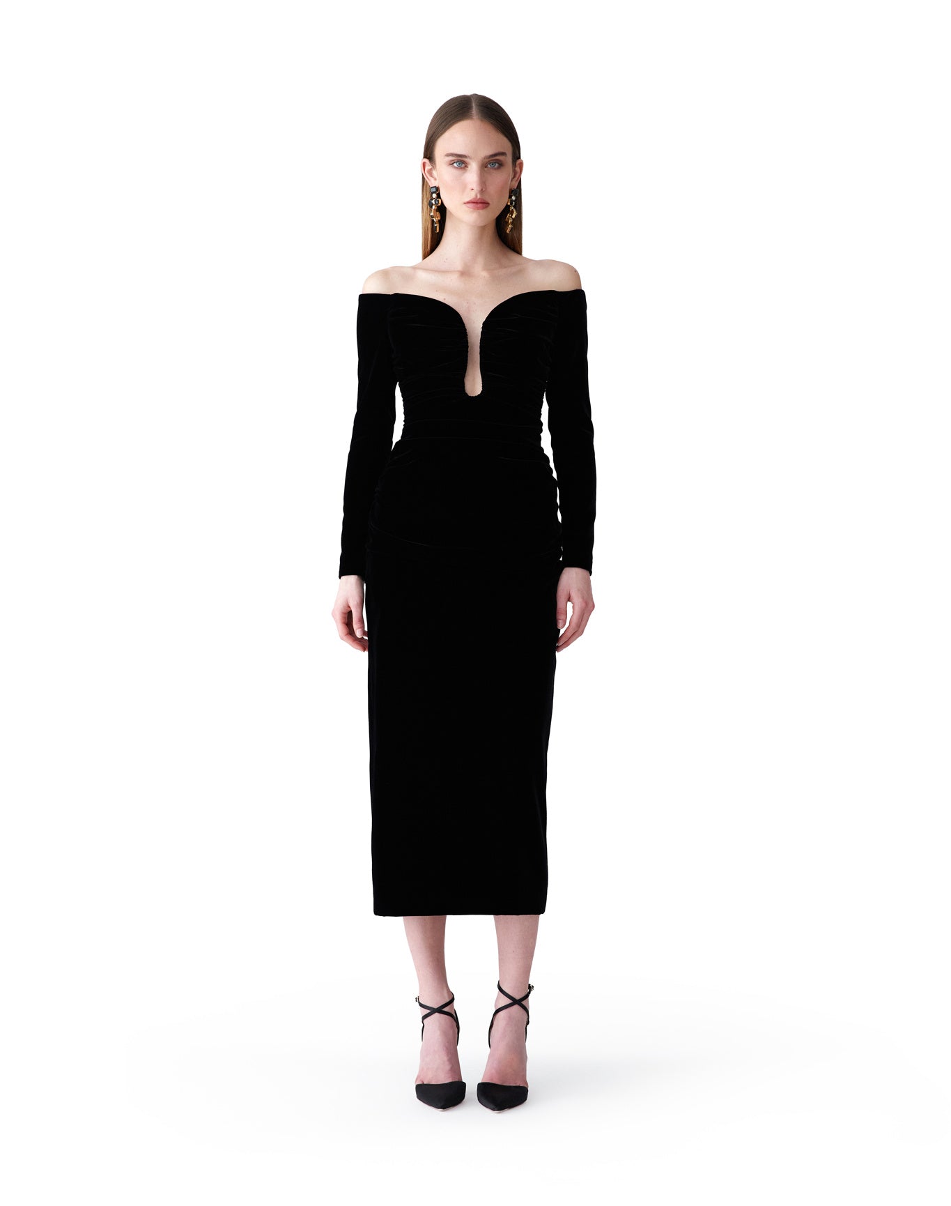 Long Sleeve Deep U-Neck Ruched Midi Dress | Black