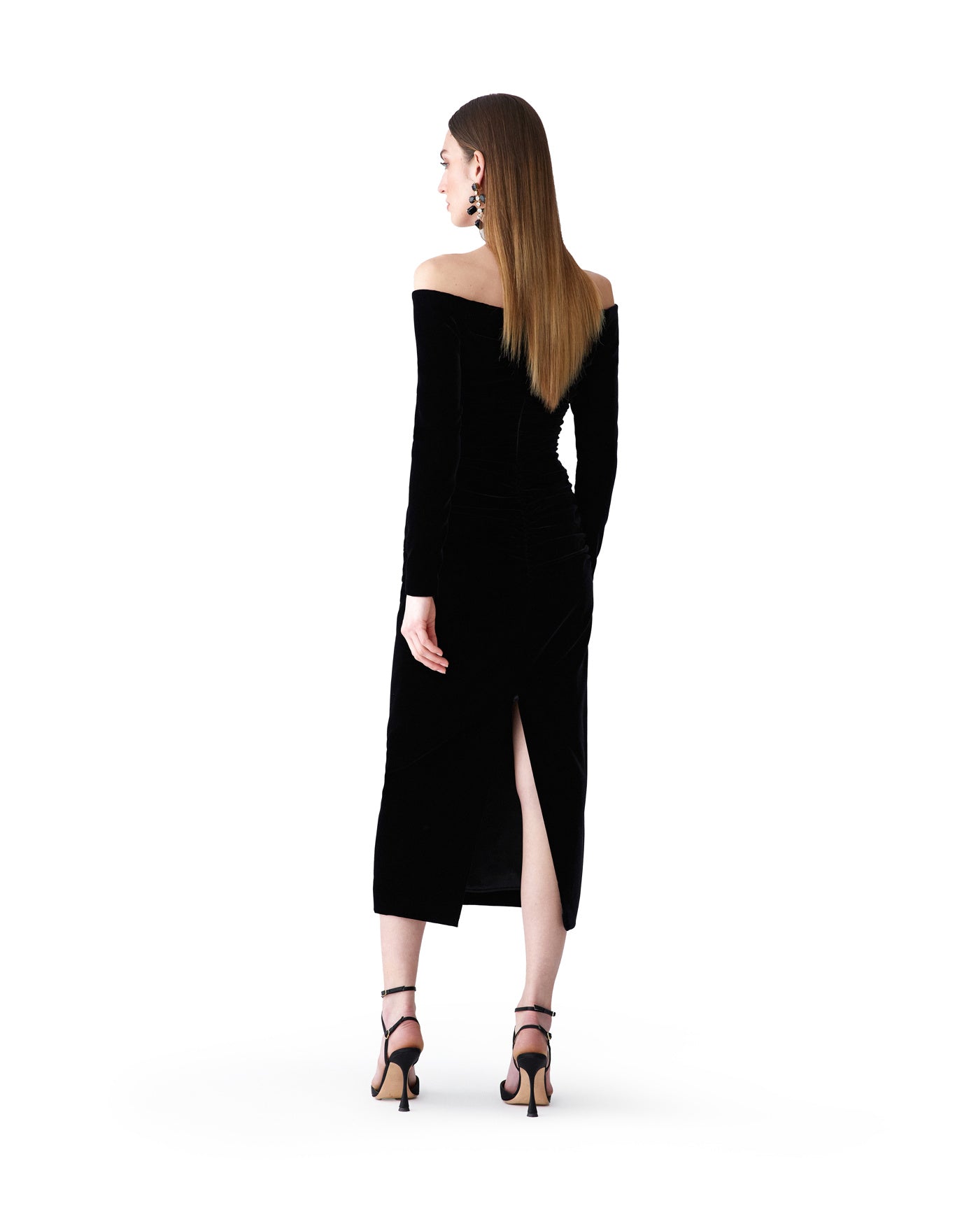 Long Sleeve Deep U-Neck Ruched Midi Dress | Black