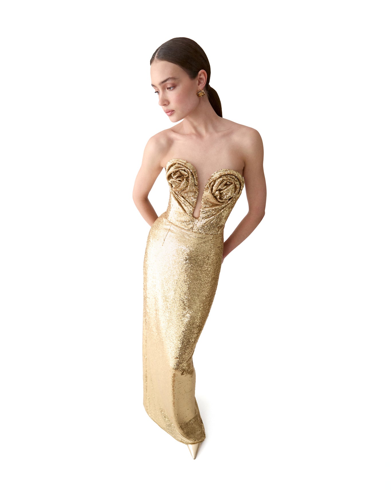 Strapless Deep U-Neck Column Gown | Gold