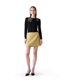 Embroidered Long Sleeve Crewneck Cardigan | Black/Gold