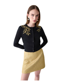 Embroidered Long Sleeve Crewneck Cardigan | Black/Gold