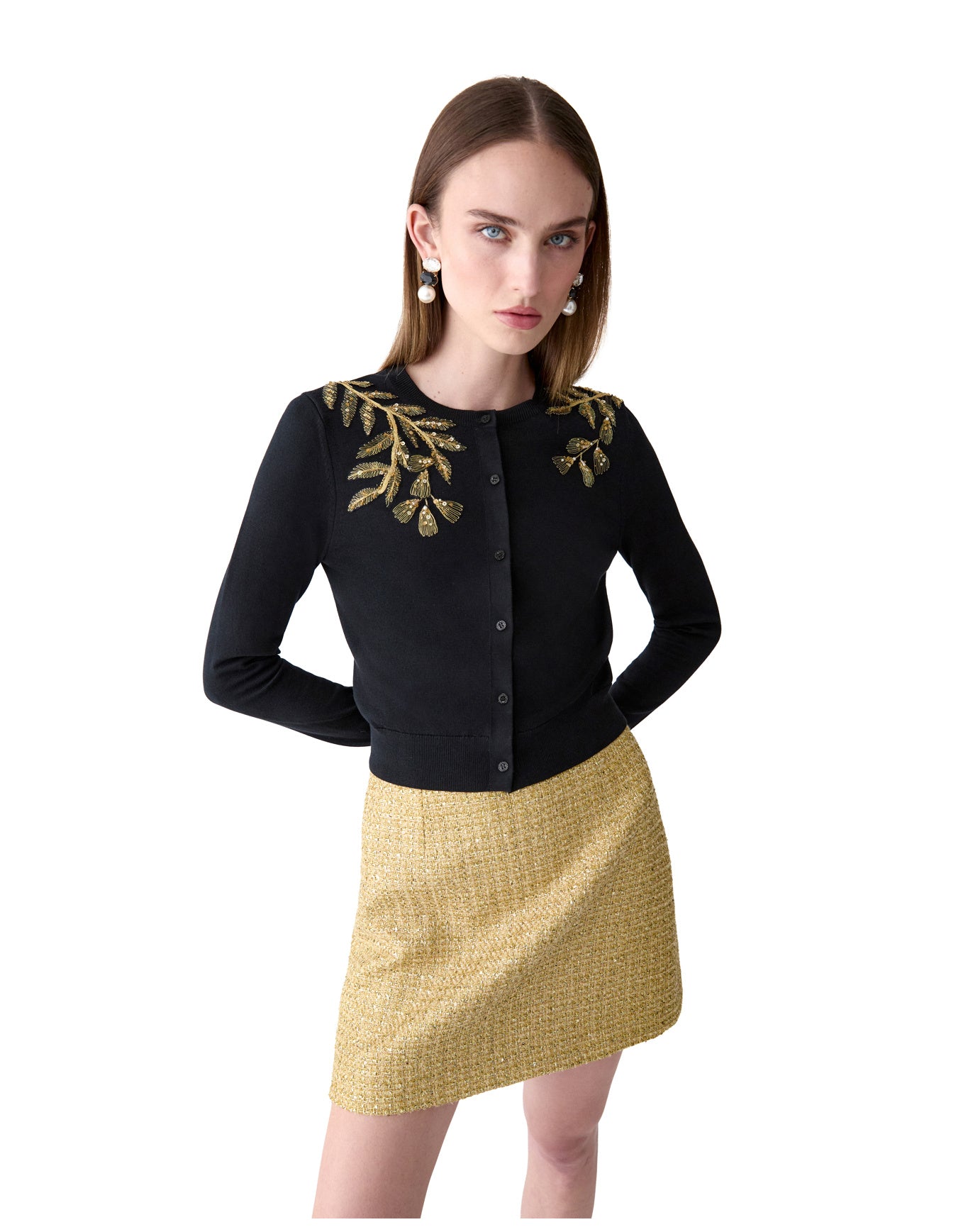 Embroidered Long Sleeve Crewneck Cardigan | Black/Gold