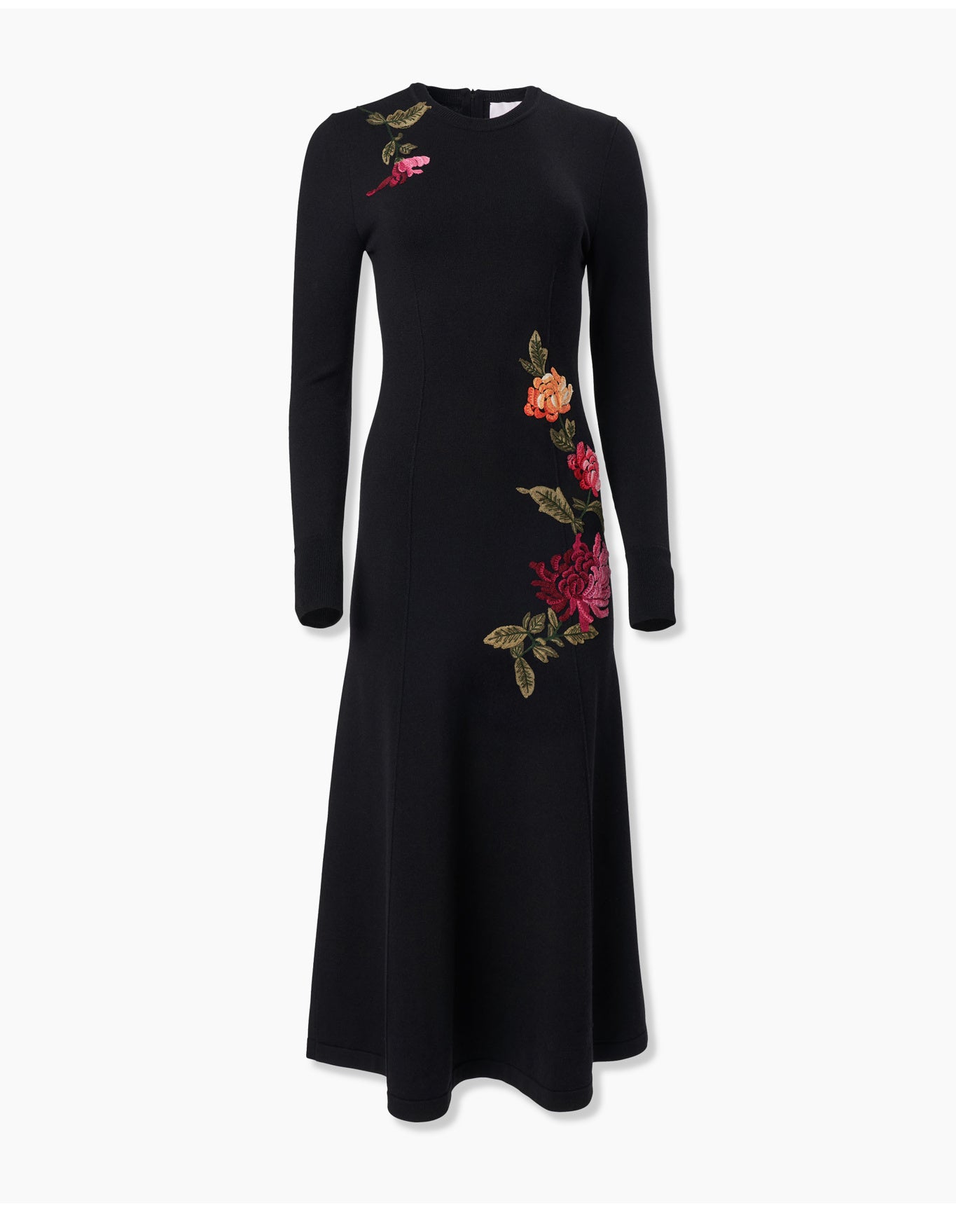 Embroidered Long Sleeve Crewneck Midi Dress | Black Multi