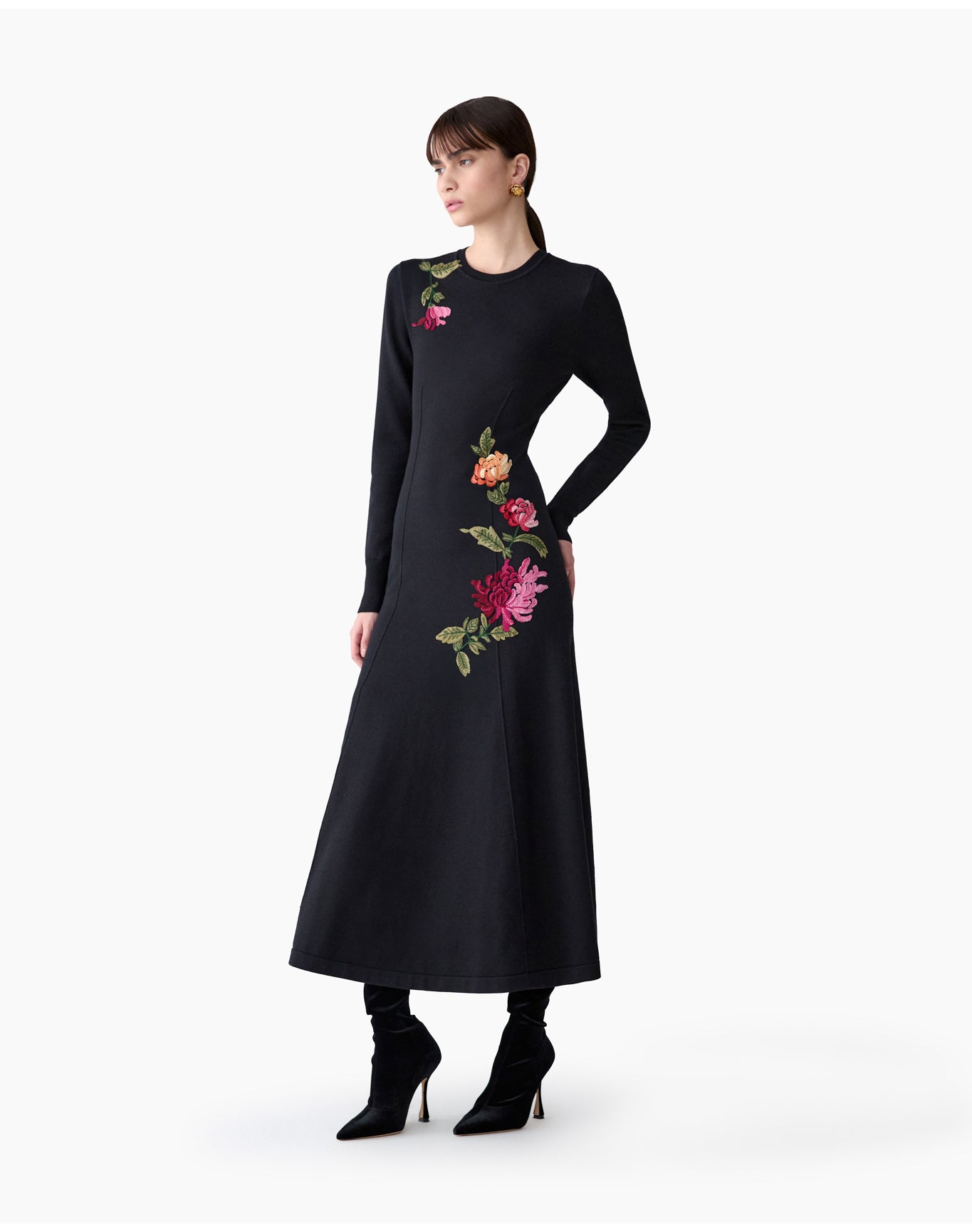 Embroidered Long Sleeve Crewneck Midi Dress | Black Multi