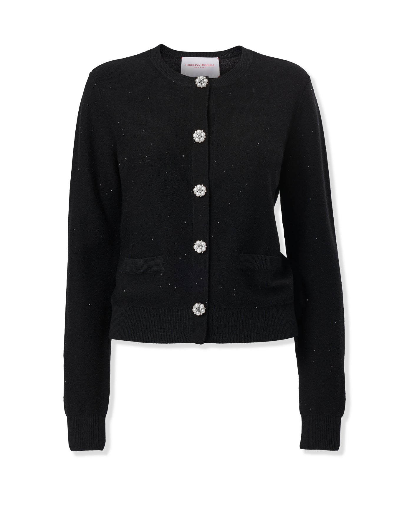 Long Sleeve Crewneck Cardigan With Jewel Buttons | Black