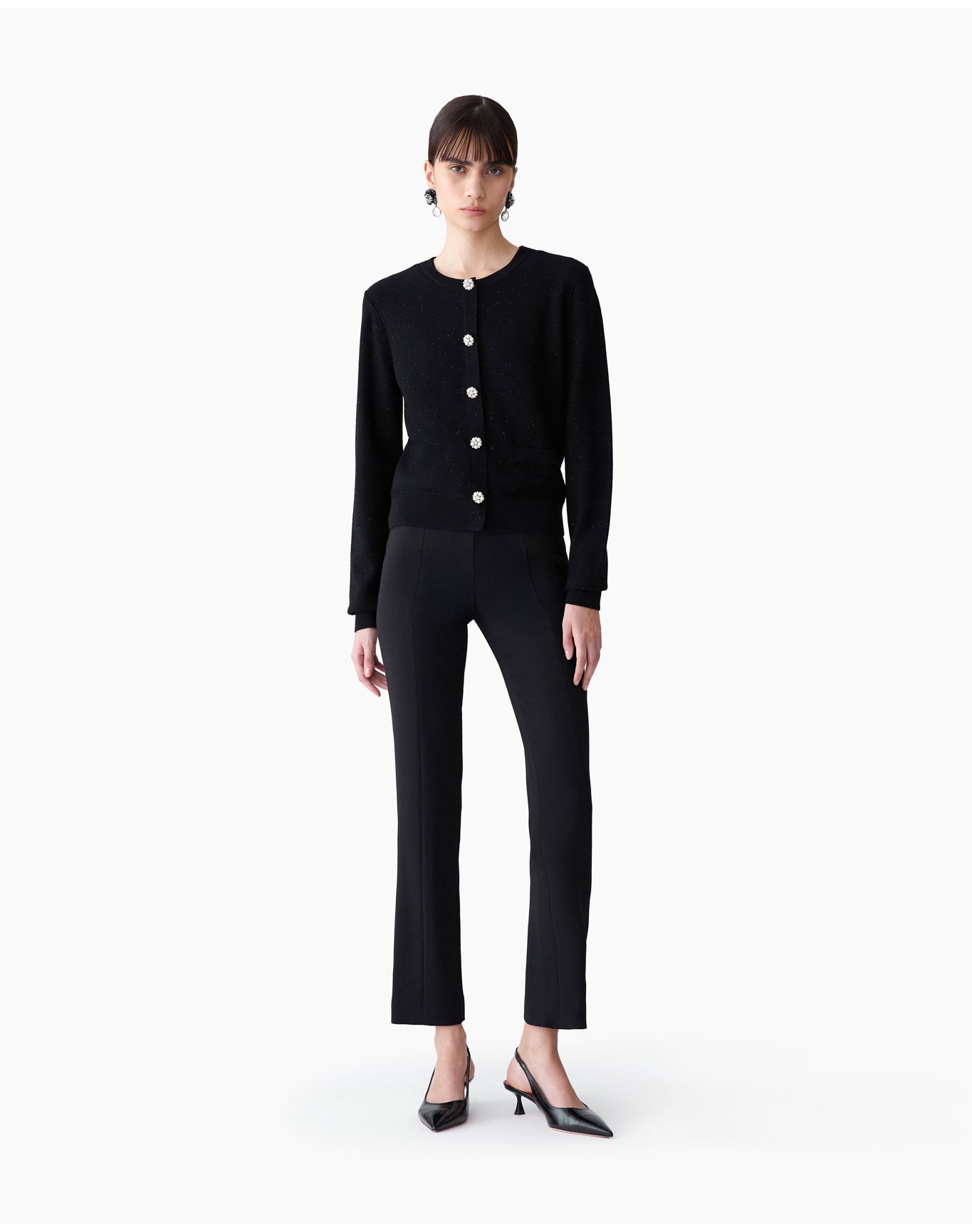 Long Sleeve Crewneck Cardigan With Jewel Buttons | Black