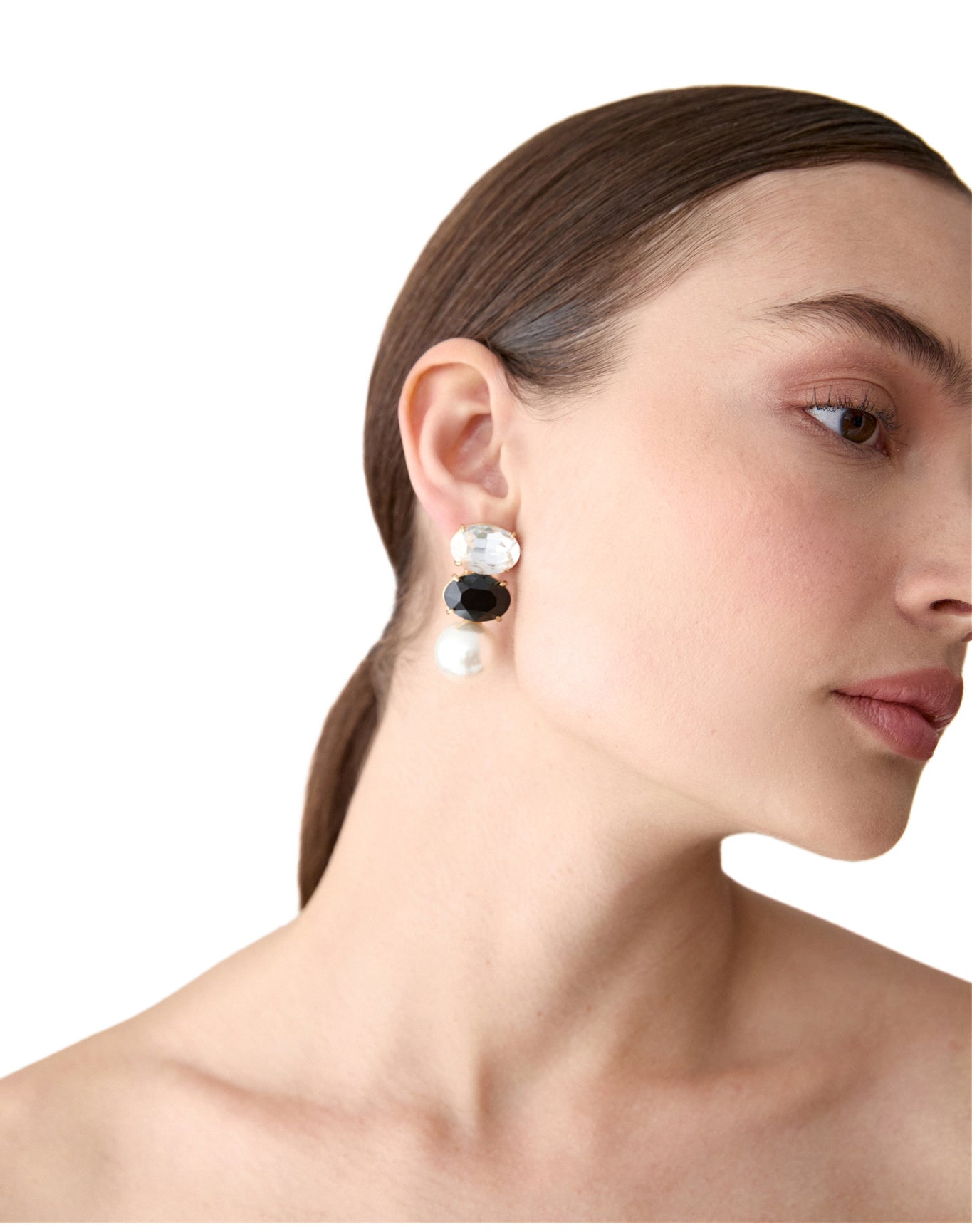 Duo Crystals & Pearl Earrings | Black Multi