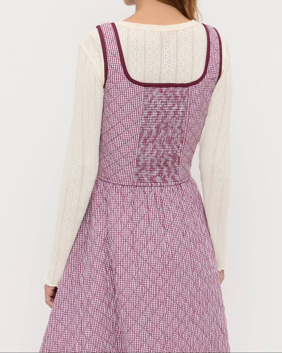 Callista Tie-Front Vest in quilted cotton maroon gingham.