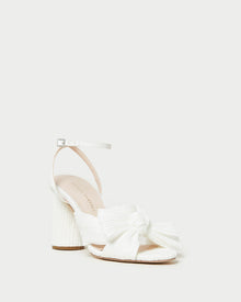 Camellia White Pleated Bow Heel in white fabric