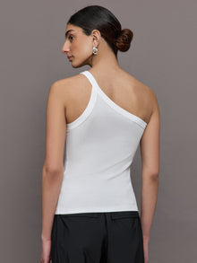 Model wears a white ribbed one shoulder tank.