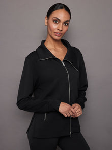 Knit Jacket with Asymmetrical Zip in Interlock | Black