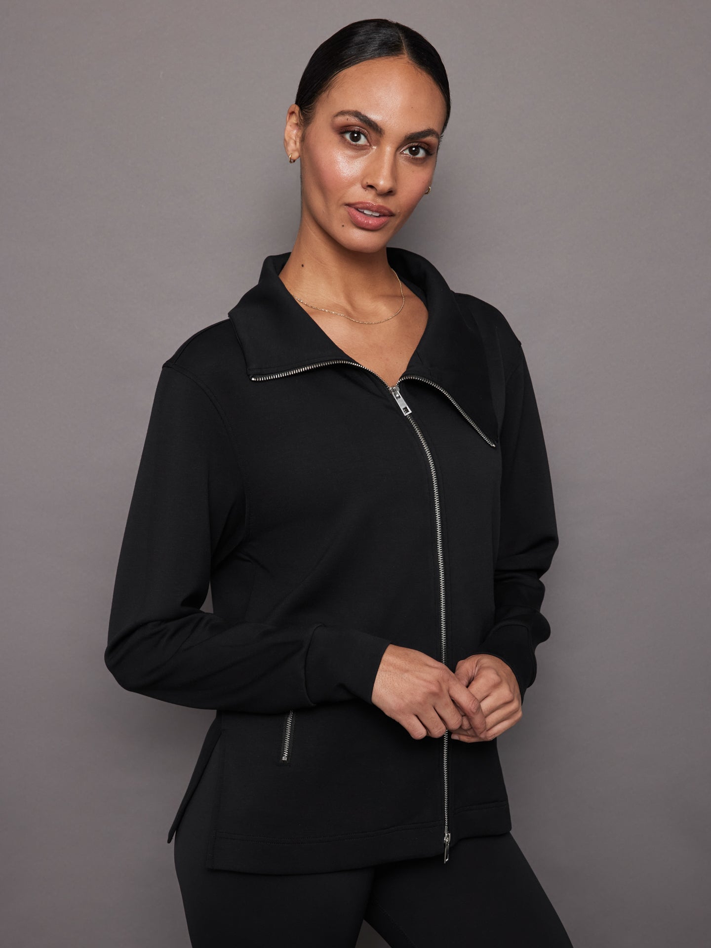 Knit Jacket with Asymmetrical Zip in Interlock | Black