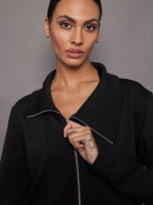 Knit Jacket with Asymmetrical Zip in Interlock | Black