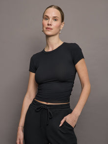 Cap Sleeve Ruched Top in Ribbed Jersey | Black