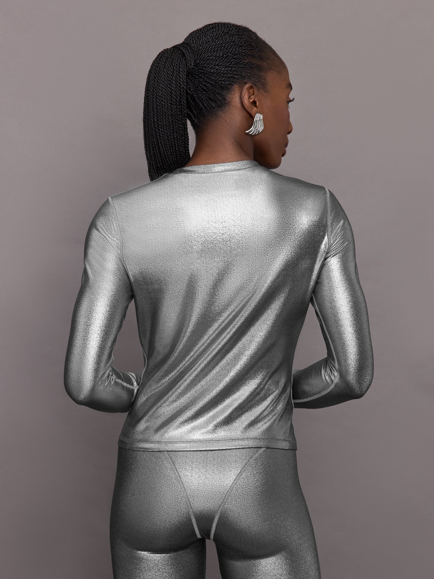 Carbon38 | Liquid Metallic Long Sleeve Top | Metallic Silver