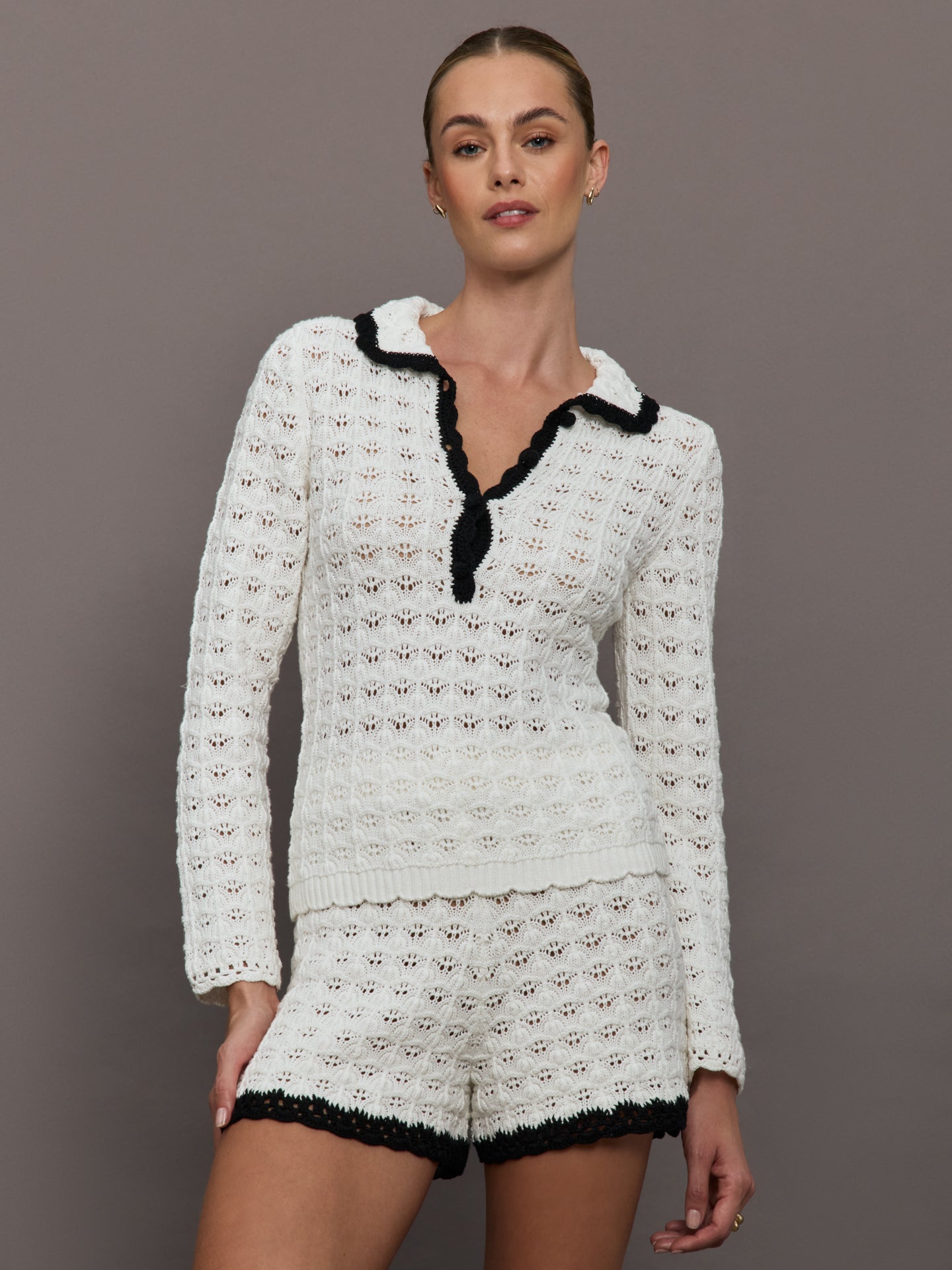 Crochet Long Sleeve Polo Top | Ivory