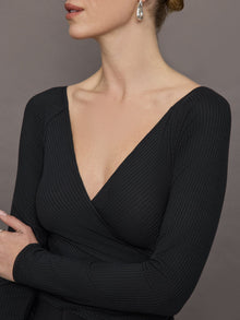Long Sleeve Wrap Top in Ribbed Jersey | Black