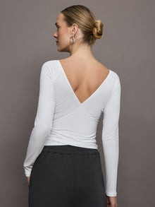 Long Sleeve Wrap Top in Ribbed Jersey | White