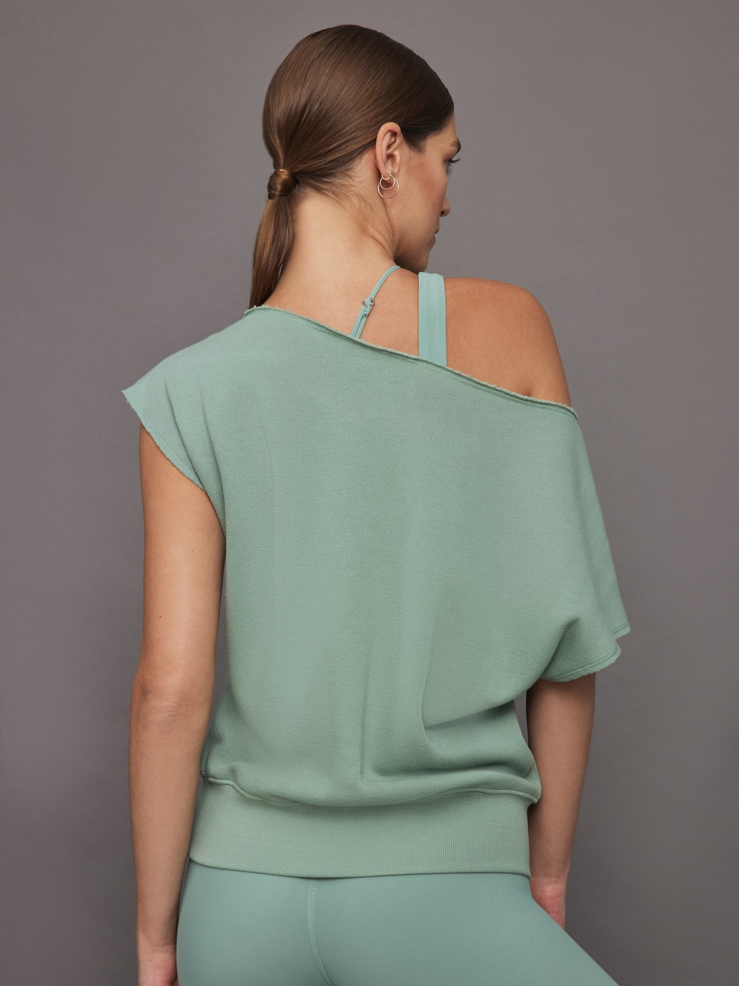 Short Sleeve Off Shoulder Sweatshirt in French Terry | Granite Green