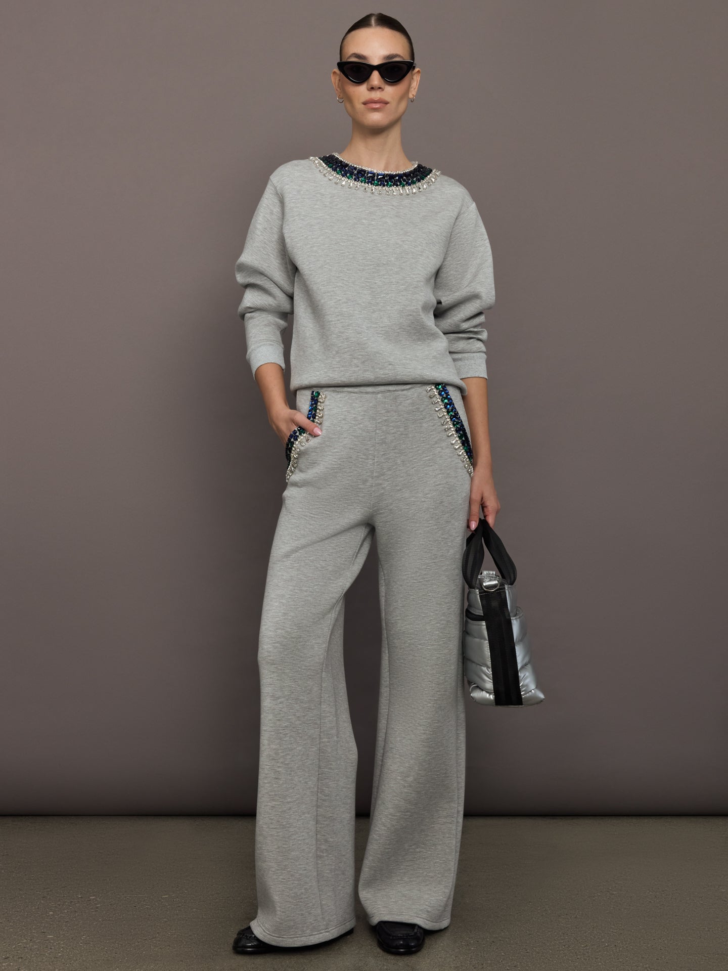 Jewel Embellished Sweatshirt in Scuba | Heather Grey