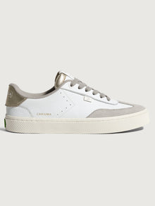 White and off-white colored sneakers with leather and suede materials, featuring a low-top design and lace-up closure.