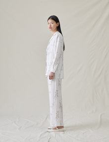Womens | The Silk Relaxed Pants with Painted Figures | Cream / Sepia