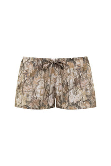 Camouflage shorts in brown and tan tones with drawstring waist and low-rise cut.
