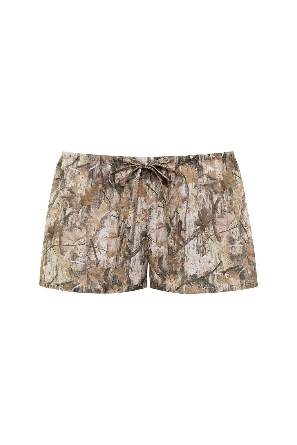 Camouflage shorts in brown and tan tones with drawstring waist and low-rise cut.
