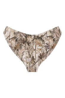 Camouflage bikini bottom with cream, tan, and brown tones, featuring zig-zag stitch detailing and ruched sides.