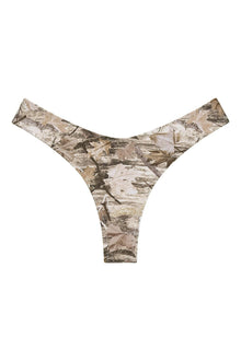 Camouflage bikini bottom in tan and brown tones with zig-zag stitching detail and high-cut leg openings.