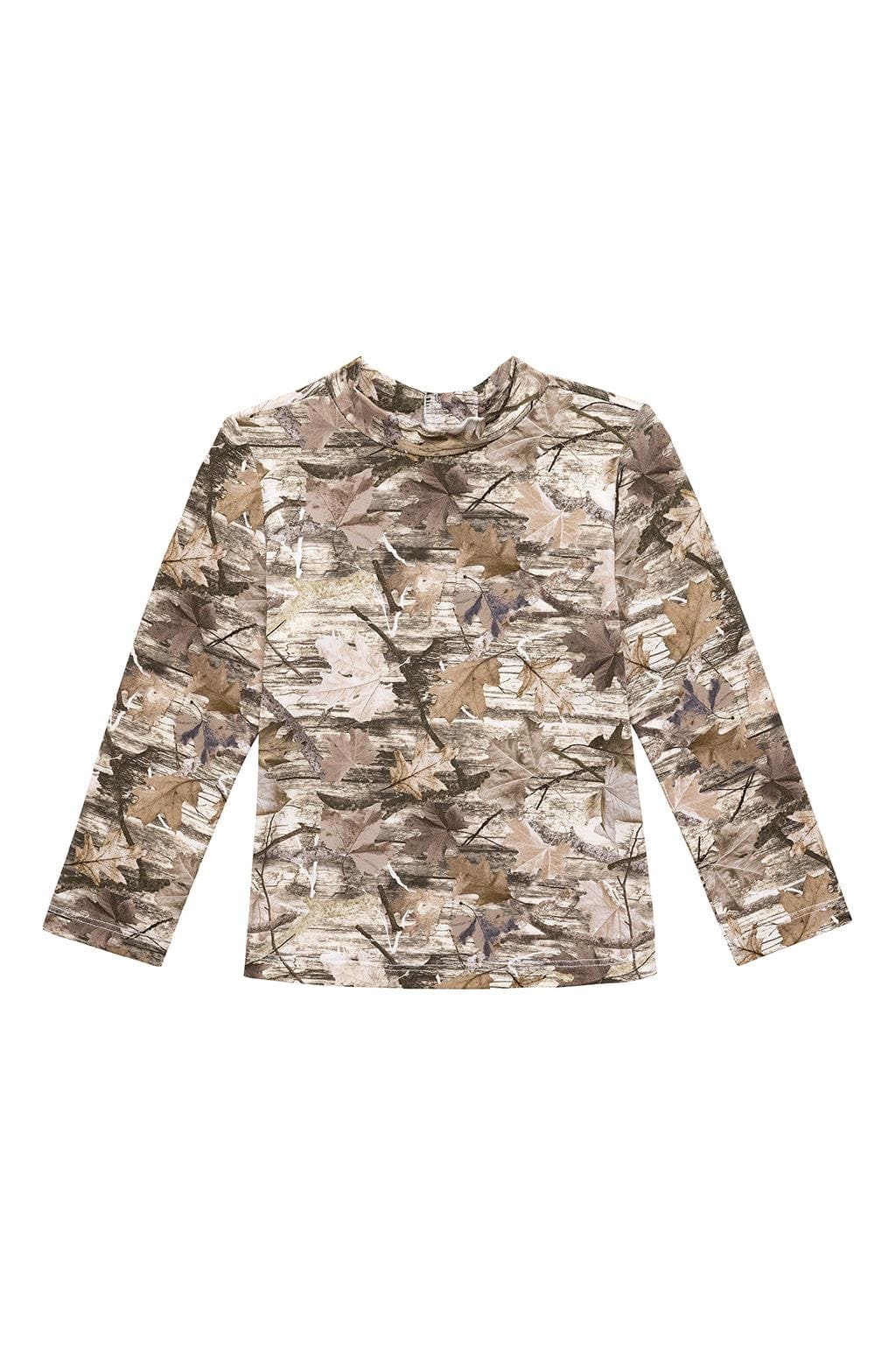 Camo-patterned long-sleeve rashguard in tan and brown tones with crew neckline.