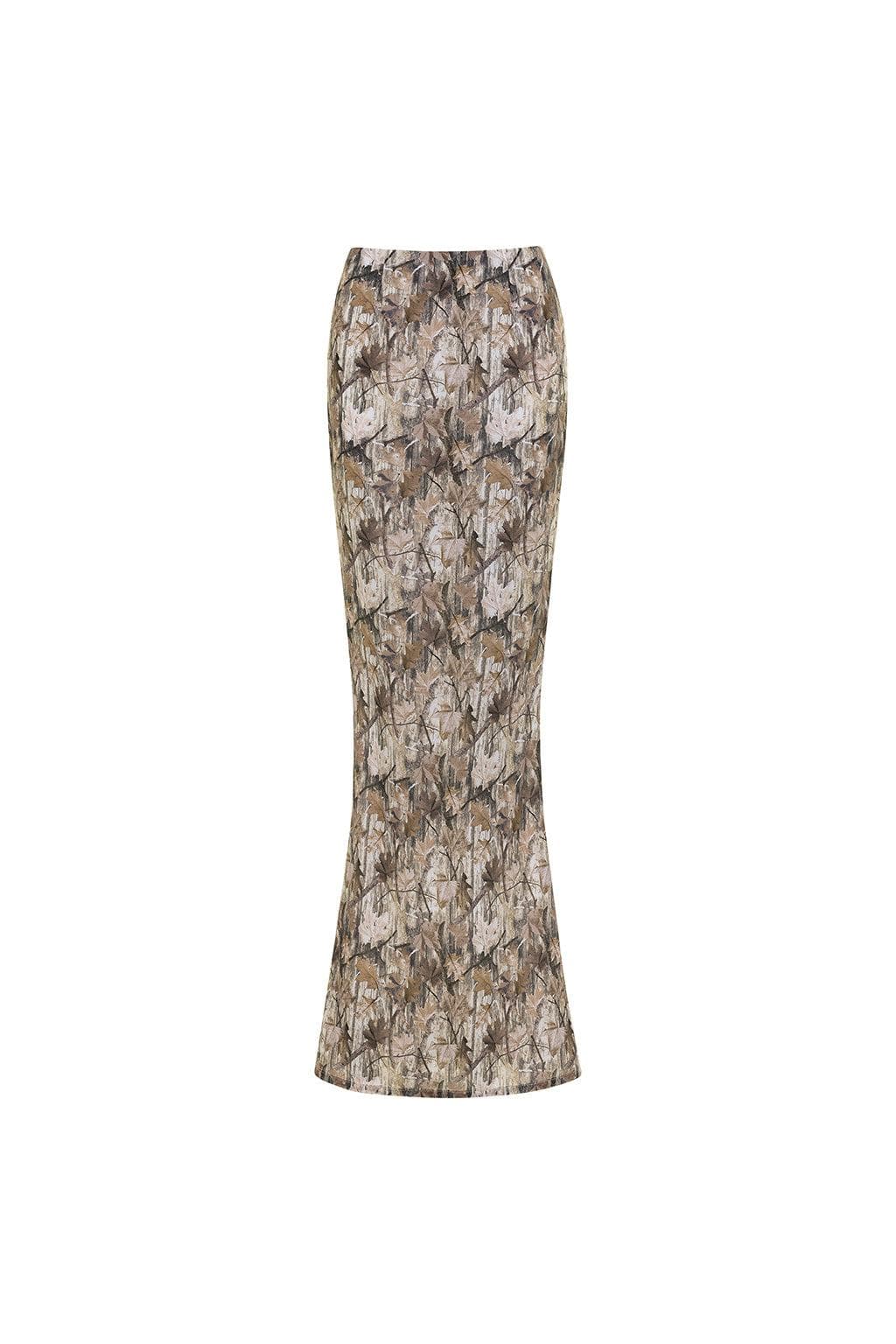 Maxi skirt with brown and beige camouflage pattern and fitted silhouette.